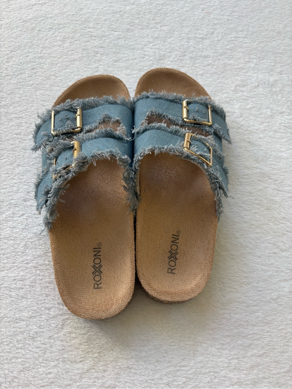 Blue Frayed Double-Buckle Slide Sandals - Picture 3 of 7